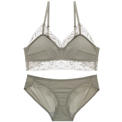 Wriufred Wire Free Sexy Lace Lingerie Set Female Summer Underwear Ultra-thin Comfortable Thread Simple Light Luxury Bra Sets - Color: Green