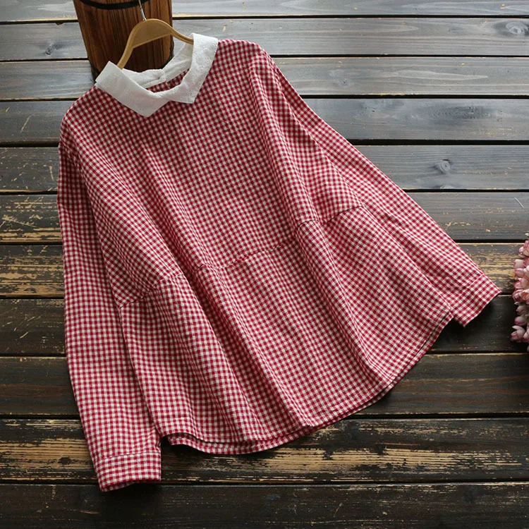 5449 Весенняя женская блузка в японском стиле с вышивкой и отложным воротником