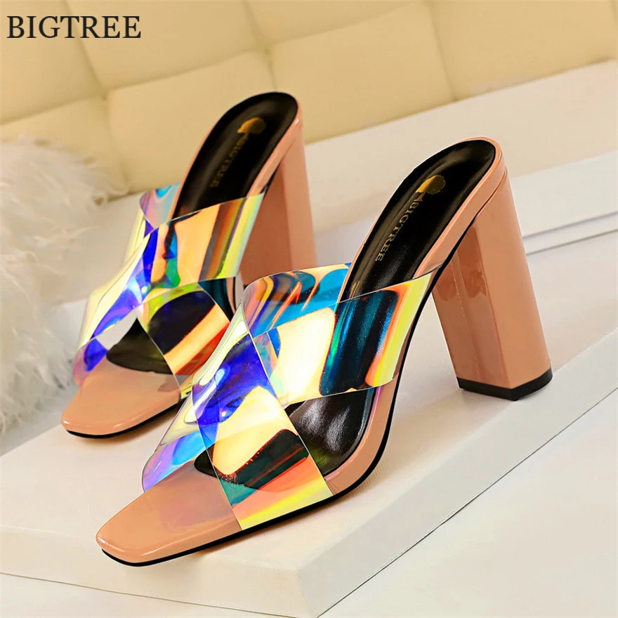 

2019 Trendy Reflective Cross-slip Women's Slippers Outside Platform Thick Heels Slipper Square Toe Summer Sexy Party Shoes Women