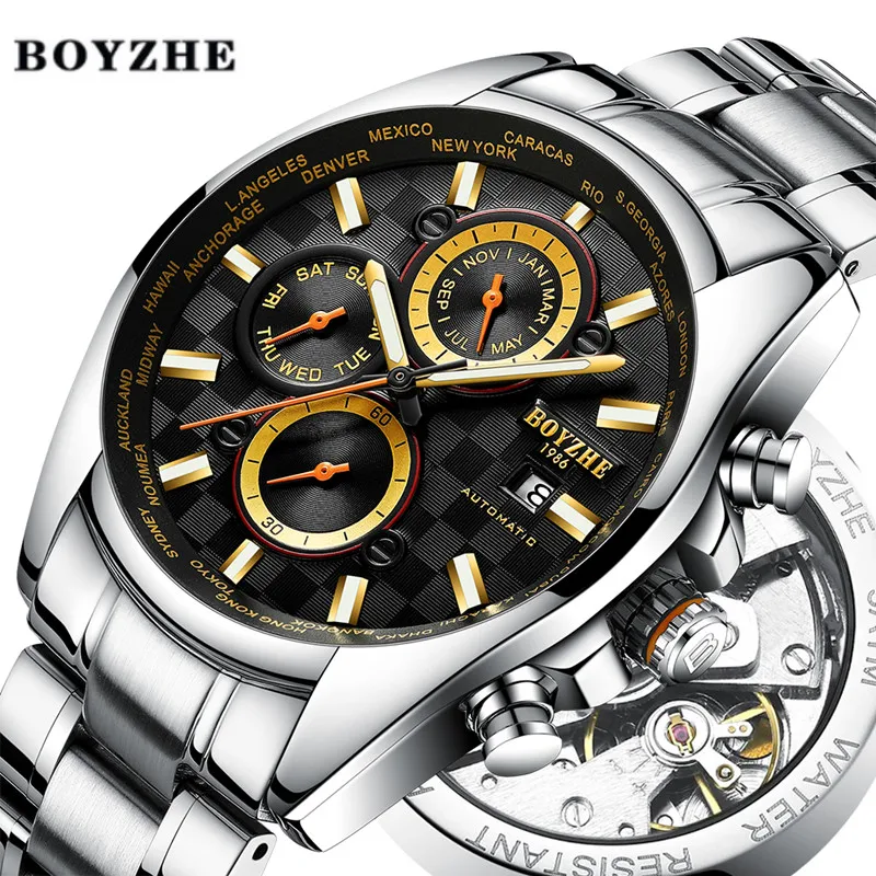 BOYZHE Men Automatic Mechanical Watch Luxury Brand Waterproof Stainless Steel Gold Sports Watches Relogio Masculino | Наручные часы