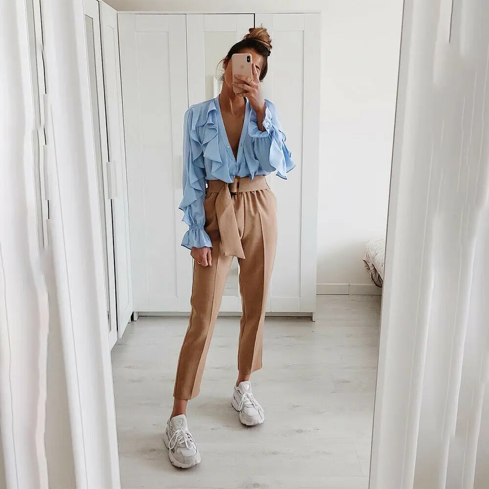 Женская свободная рубашка в стиле ретро с v образным вырезом и оборками