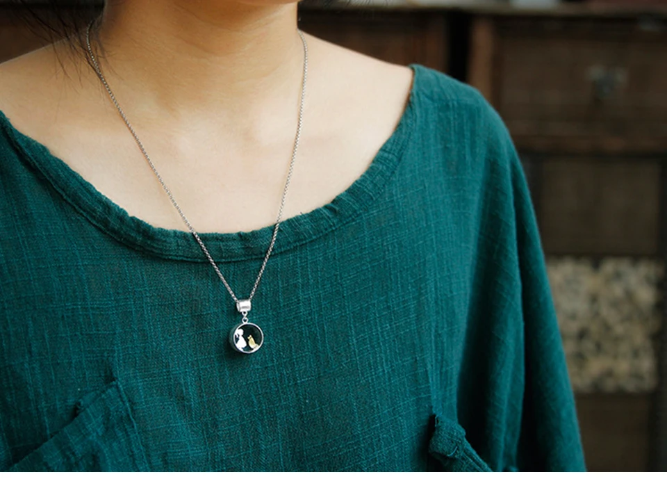 Lotus весело Настоящее серебро 925 проба ручной работы Fine Jewelry Симпатичные встреча любовь с ювелирное изделие в виде кошки комплект с Кольцо Подвеска Ожерелье