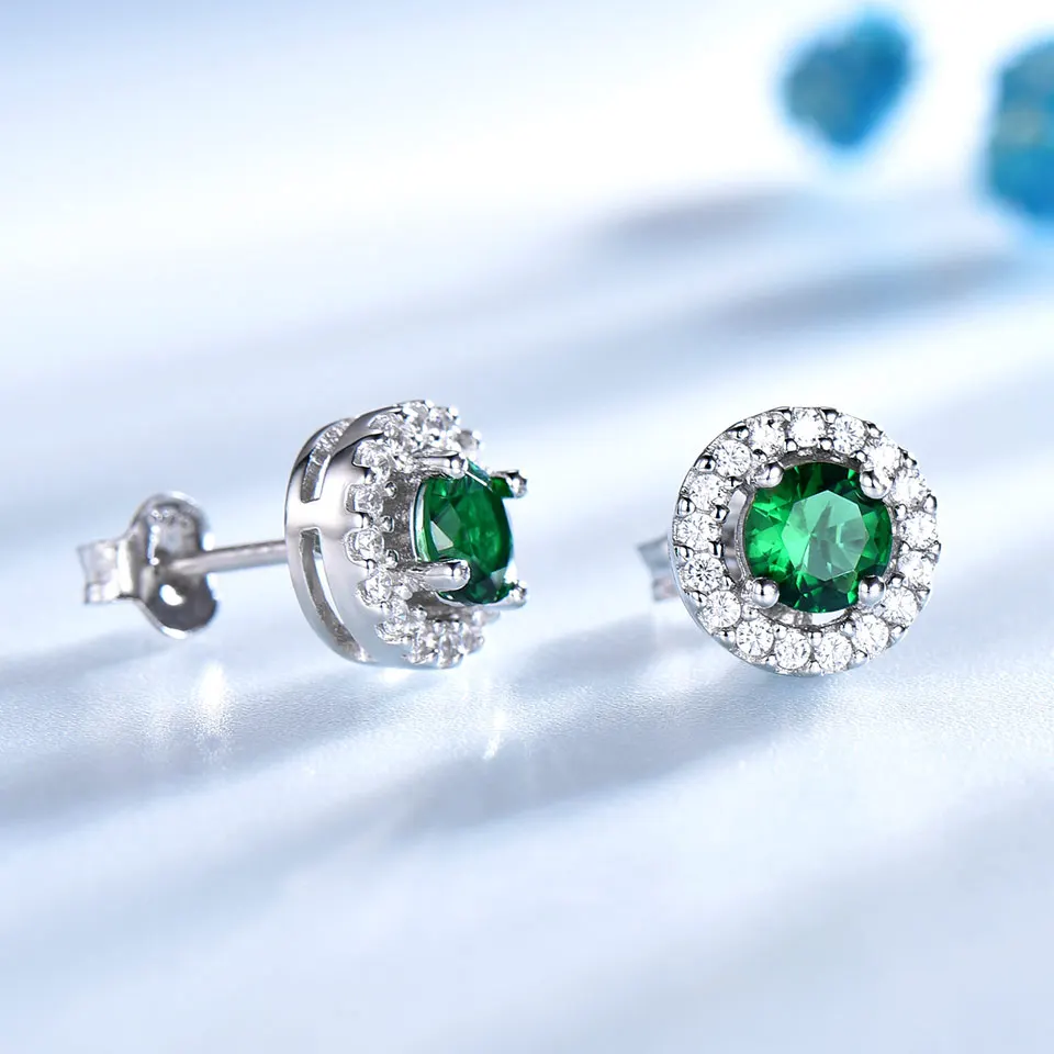 UMCHO Princess серьги-гвоздики нано изумруд драгоценный камень 925 пробы серебряные серьги для женщин Классический Круглый драгоценный камень хорошее ювелирное изделие