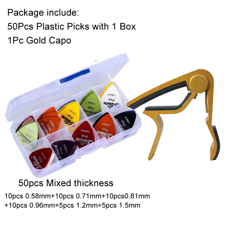 50MixBoxGoldCapo Инструмент для настройки гитары Комплект Капо/Медиаторы для гитары/тюнер/наконечник протектор части Аксессуары GYH - Цвет: 50MixBoxGoldCapo
