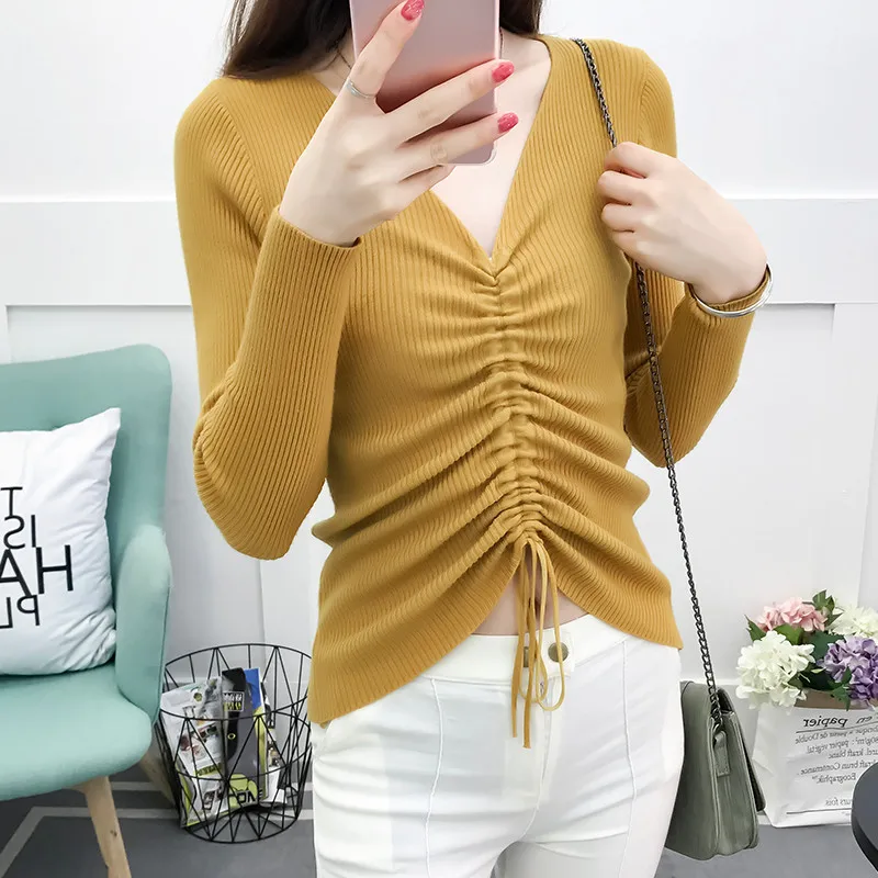Fencysweet Drawstring Вязание свитер Для Женщин Осенние Топы с v-образным вырезом Свитера