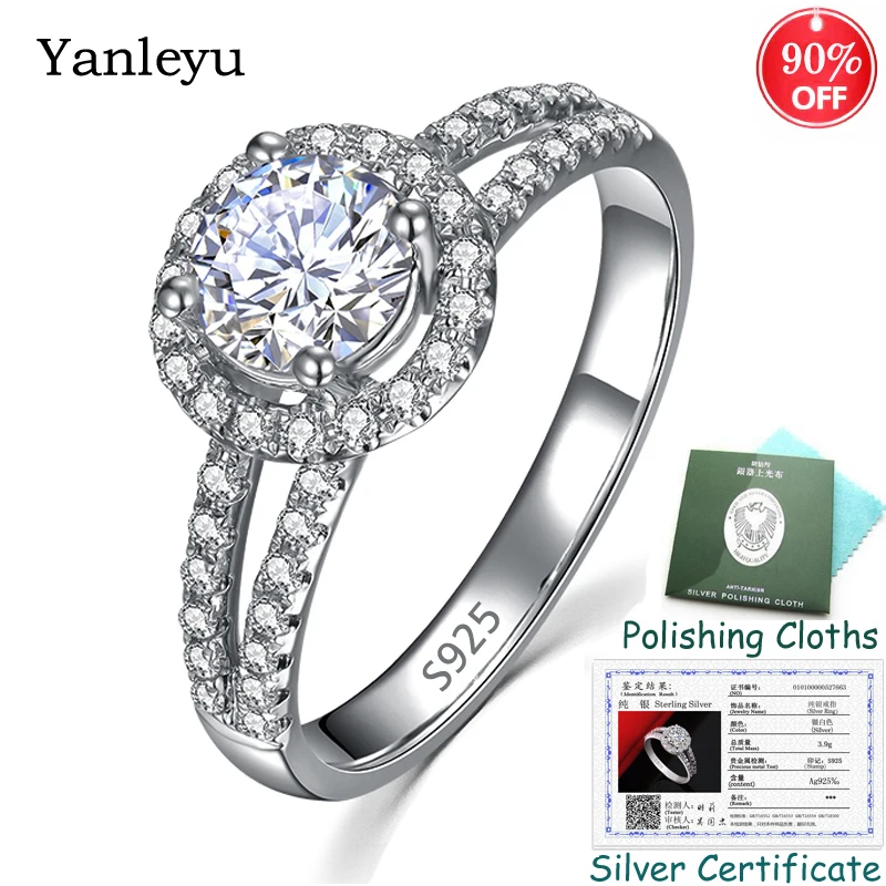 

Send Silver Certificate! Yanleyu Luxury Wedding Bands Jewelry Real 925 Silver 8mm 2ct CZ Diamant Engagement Ring for Women PR254