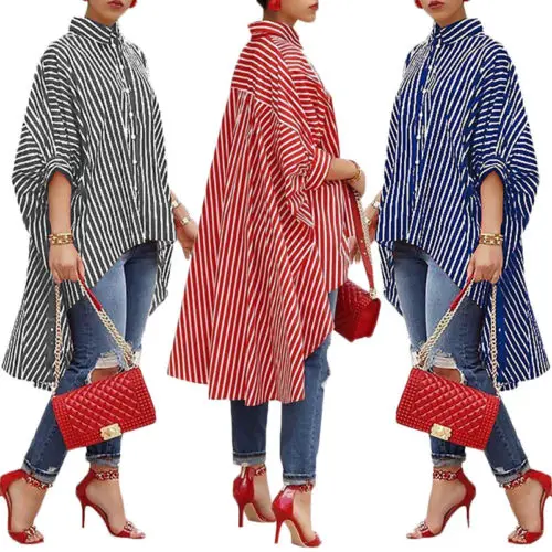 Casual Shirt Red Blue Black Striped Tops Fashion Women Ladies Half Sleeve Loose Blouse | Женская одежда
