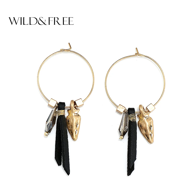 Серьги кольца WILD & FREE женские винтажные круглые серьги золотого цвета с кожаным
