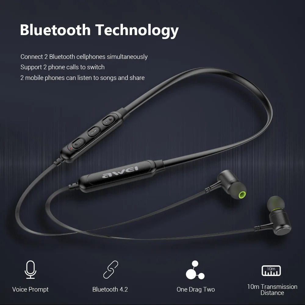 Awei hands free стерео hi fi наушник блютуз беспроводные наушники гарнитура для телефона компьютера пк вкладыши бега с микрофоном спортивные шумоподавлением earbuds микронаушник для андроид iphone Honor Huawei Samsung