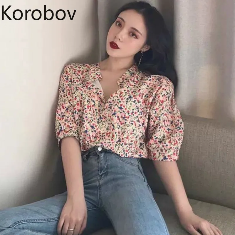 Женские блузки с цветочным принтом Korobov элегантные рубашки v-образным вырезом и