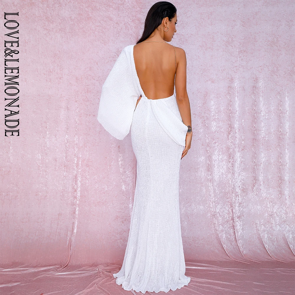 Женское платье макси LOVE & LEMONADE белое вечернее с v образным вырезом и одним рукавом