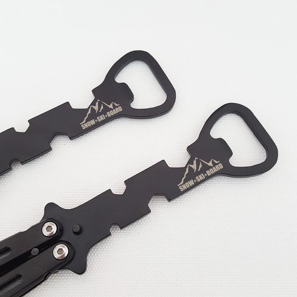 Черный Металлический Стальной тренажер Balisong нож-бабочка мульти инструмент Бар лезвие открывалка для бутылок пива Пользовательский логотип гравировка