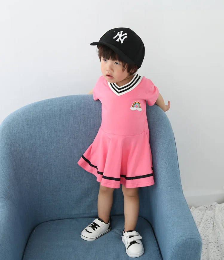 2018 summer new girls college wind ruffled cotton V-neck dress embroidered short sleeves | Детская одежда и обувь