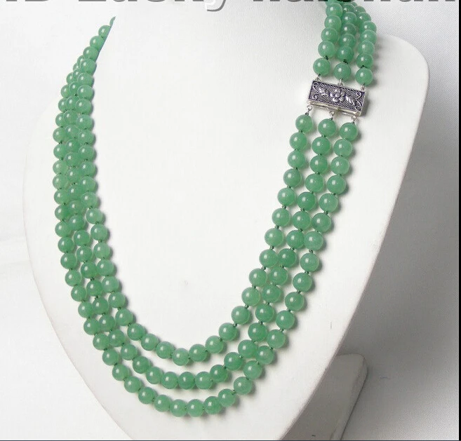 

FREE shipping> >>>3row 8mm 100% nature round green stone necklace