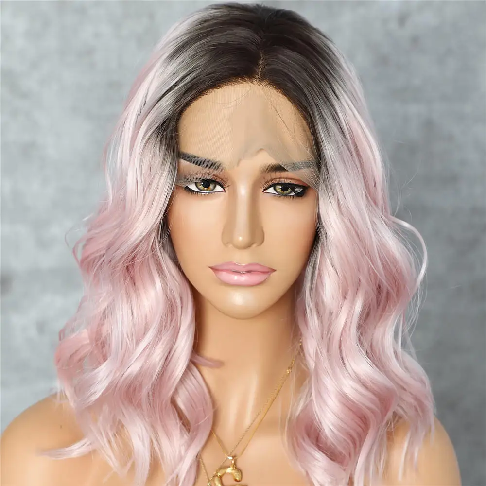 Pink BeautyTown темный корень Омбре фиолетовый красочные короткие волосы блоггер ежедневный макияж Glueless синтетические кружева перед Свадебная вечеринка парики - Цвет: Pink