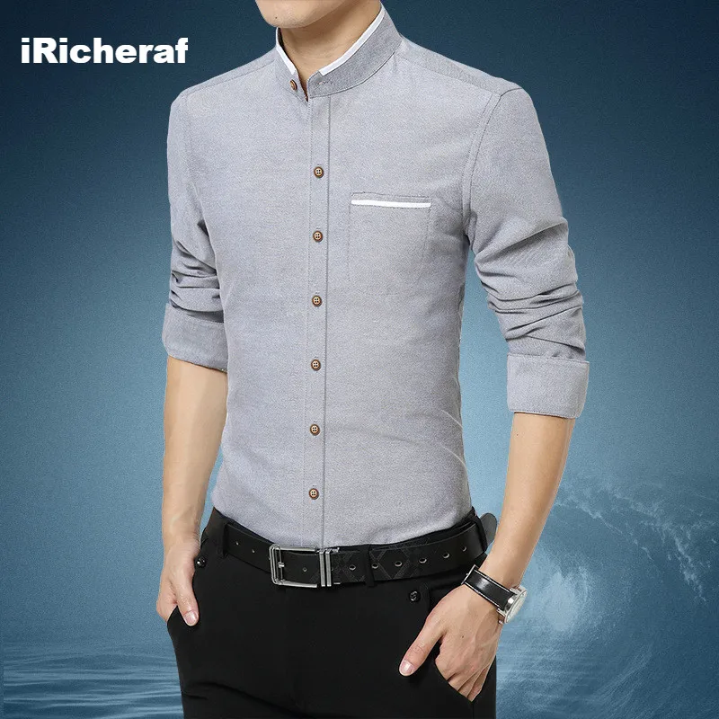 

iRicheraf 2019 Fashion Stand Collar Mens Shirts Plus Size 3xl 5xl Full Sleeve Casual Shirt Grey White Men Clothing Dropshipping