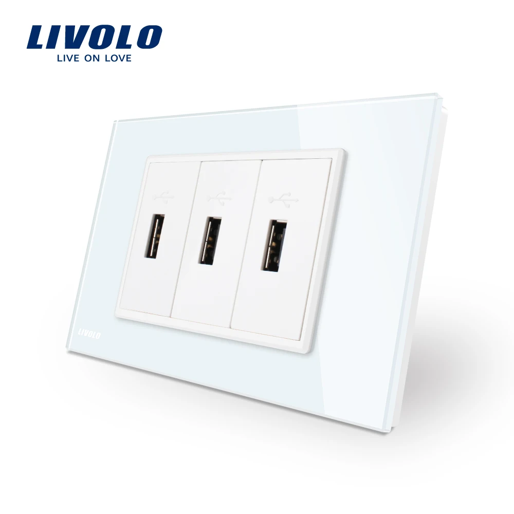 Livolo стандарт США 3 Pin USB розетка белая стеклянная панель порта 5V 2.1A настенная