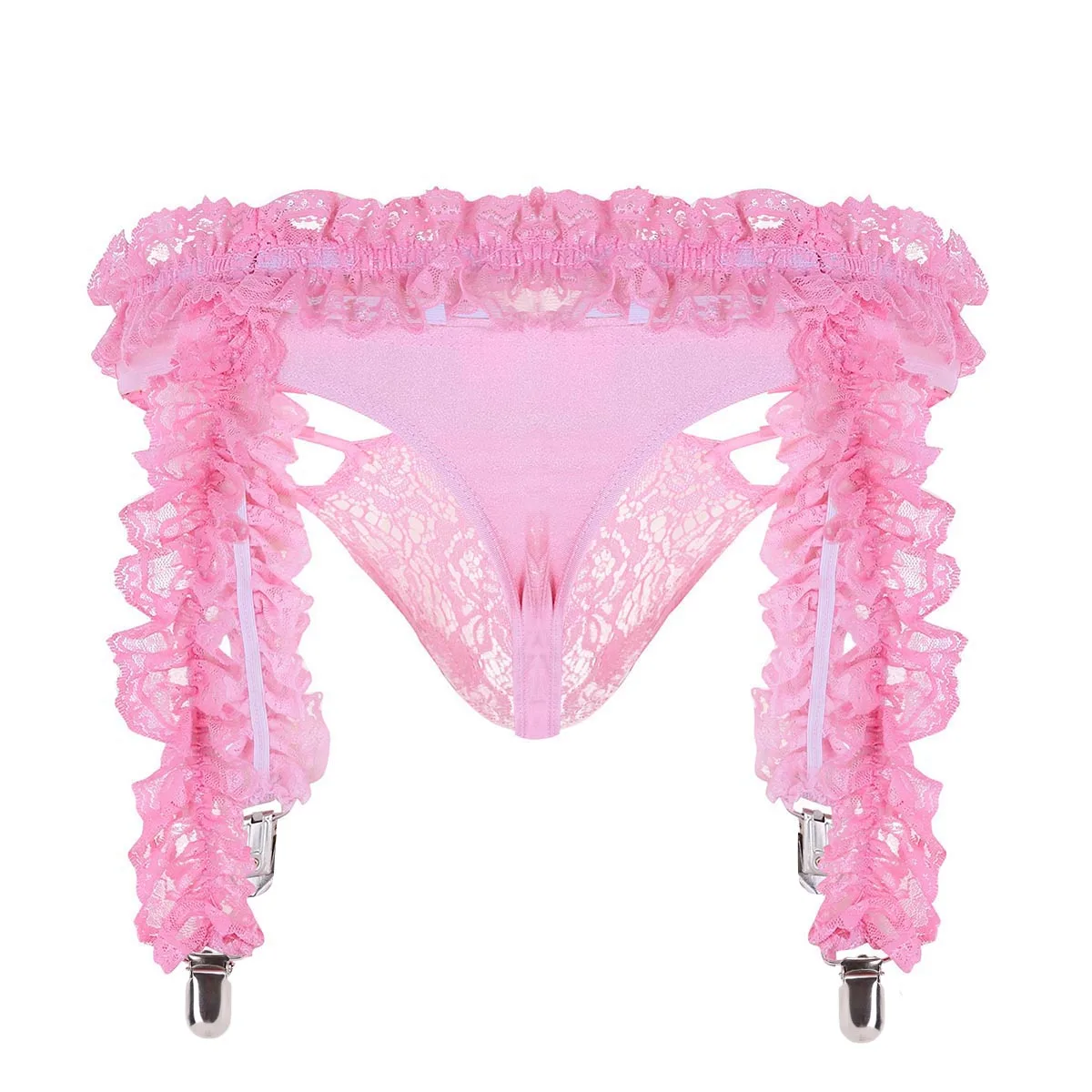 Sissy Panties Mens Floral Lace Ruffled G-String Thong Briefs with 4 Frilly Straps Heart Clips Garter Belt Gay Lingerie Set | Тематическая