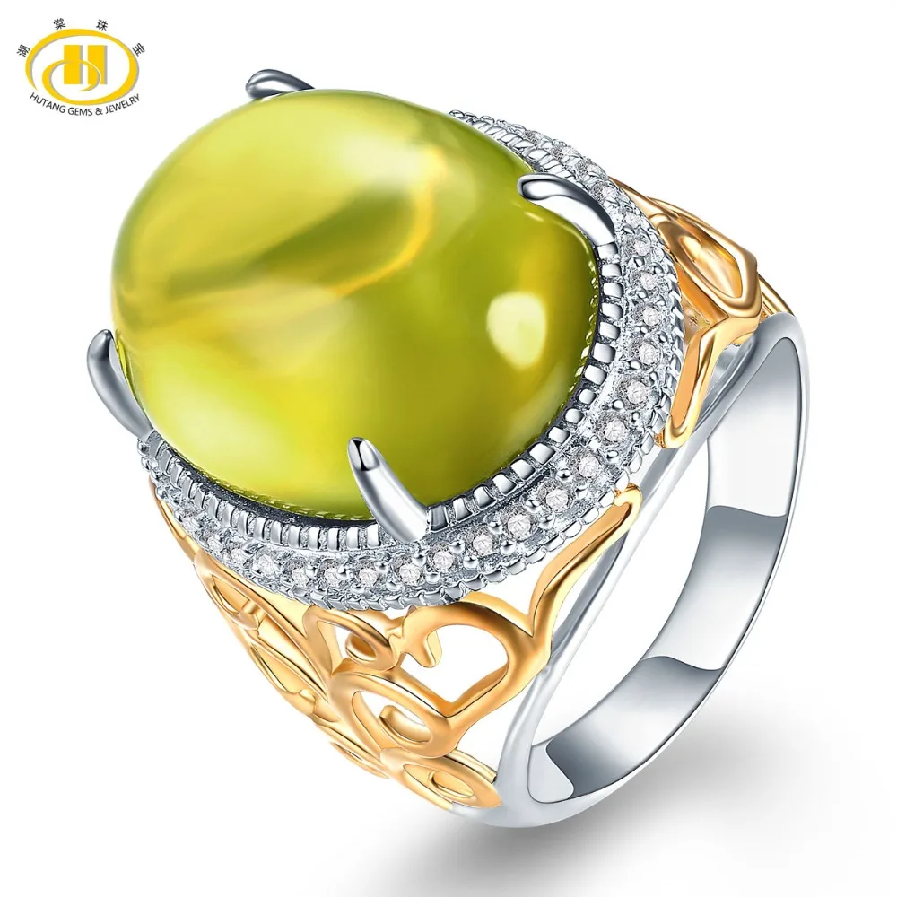 

Ювелирные изделия Hutang из натурального камня, обручальное кольцо из серебра 925 пробы с зеленым лимонным кварцем, изящная бижутерия для подар...