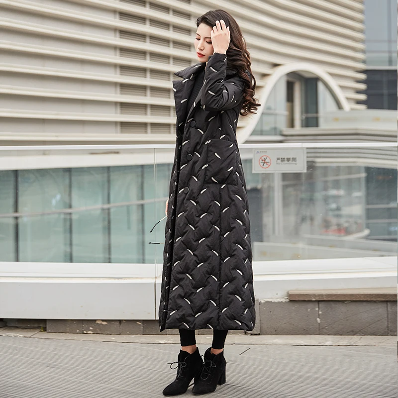 Feather embroidery Модное зимнее длинное пуховое пальто для женщин, толстое теплое тонкое однобортное пальто с отворотом, верхняя одежда, Женская куртка на меху с вышивкой и поясом - Цвет: Feather embroidery