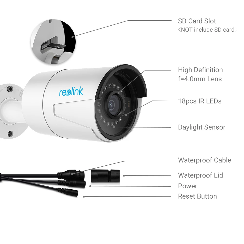 Reolink, RLC-410, PoE, ip-камера, 5MP, HD, для улицы, водонепроницаемая, инфракрасное, ночное видение, для безопасности, видеонаблюдение, без слота для SD карты