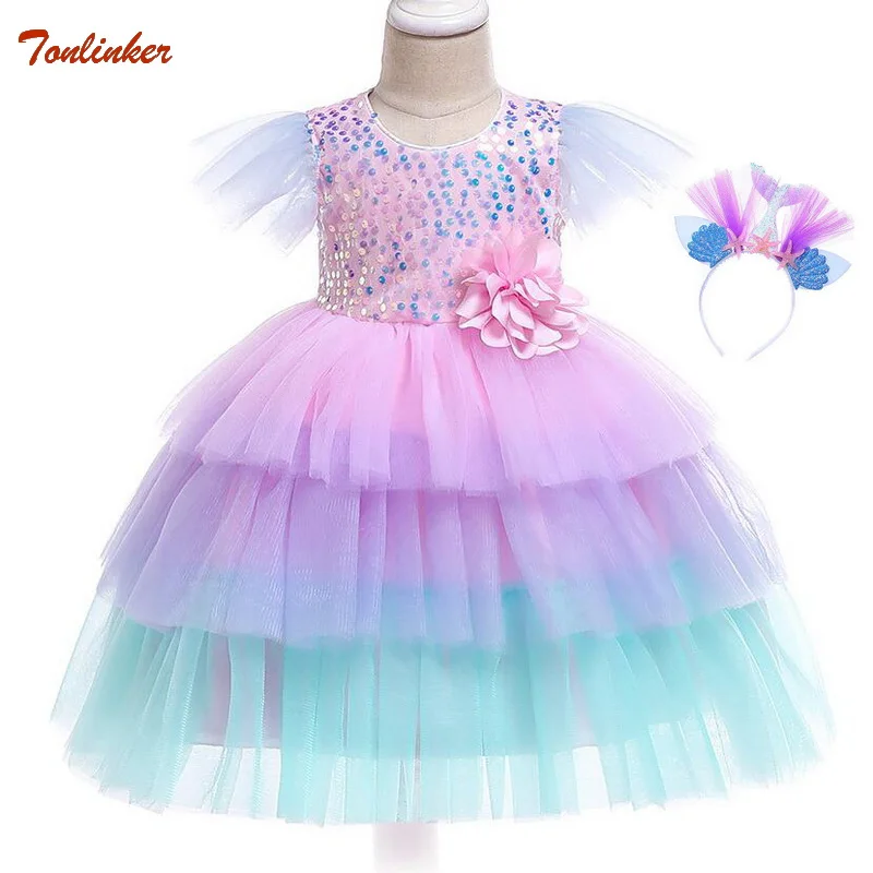 

Tonlinker Baby Girl Little Mermaid Cosplay Costume Kids Christmas Birthday Party Flowers Sequin Princess Dresses Cake Tutu Dress