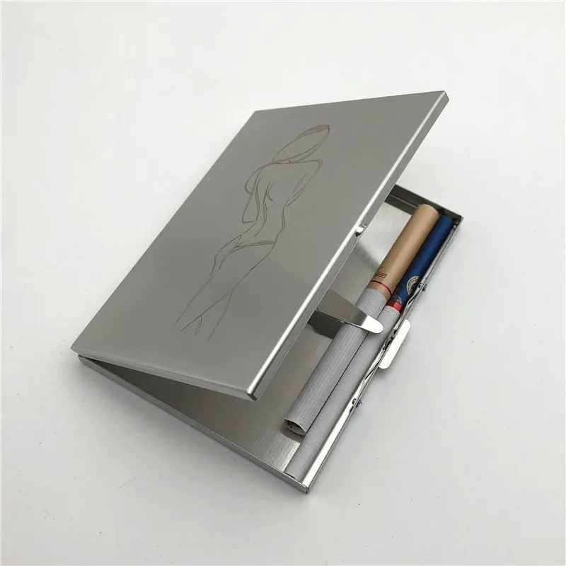 

Alalinong Sexy Girls Stainless Steel Cigarette Case Ultra Thin Metal Universal Cigarette Boxes Wire Drawing Process Smoking Box