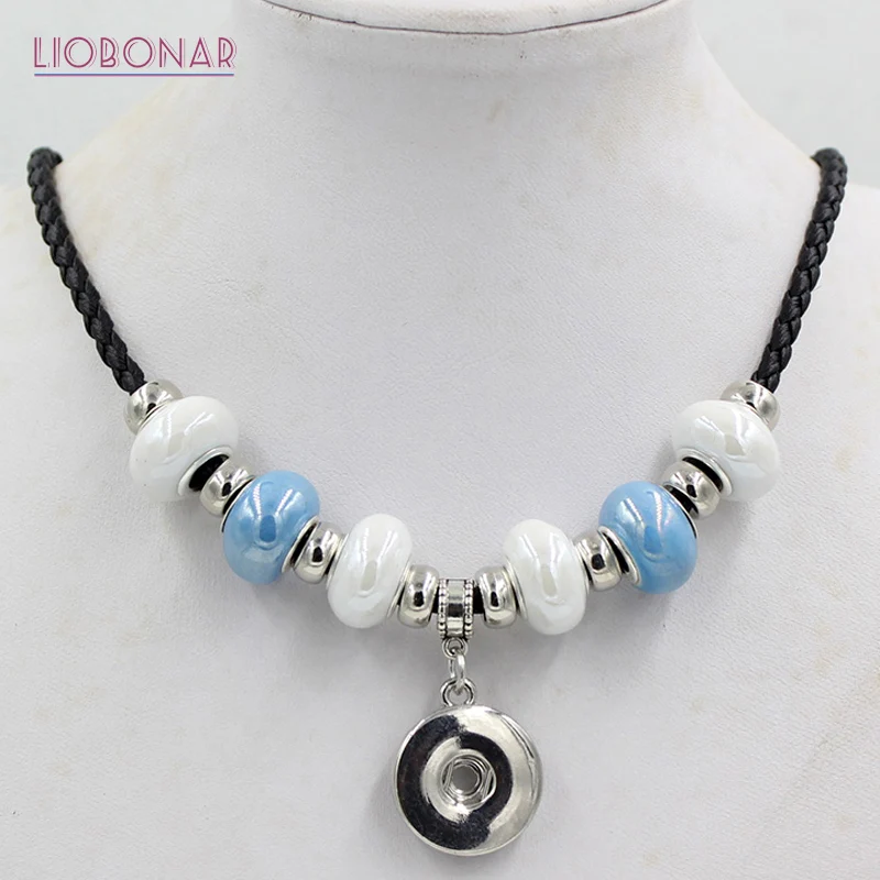 

10pcs/lot Wholesale New Snap Jewelry Black Leather Rope with Ceramic Bead 18mm Button Pendant Necklace Snap Necklace Collar