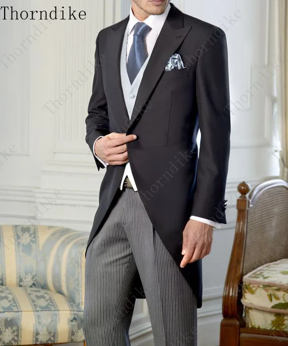 Long Navy blue Coats Tailcoat Morning Coat Wedding Suits for Men Male Blazer Slim Fit Suit with Striped Pants Party 3 Pieces | Мужская