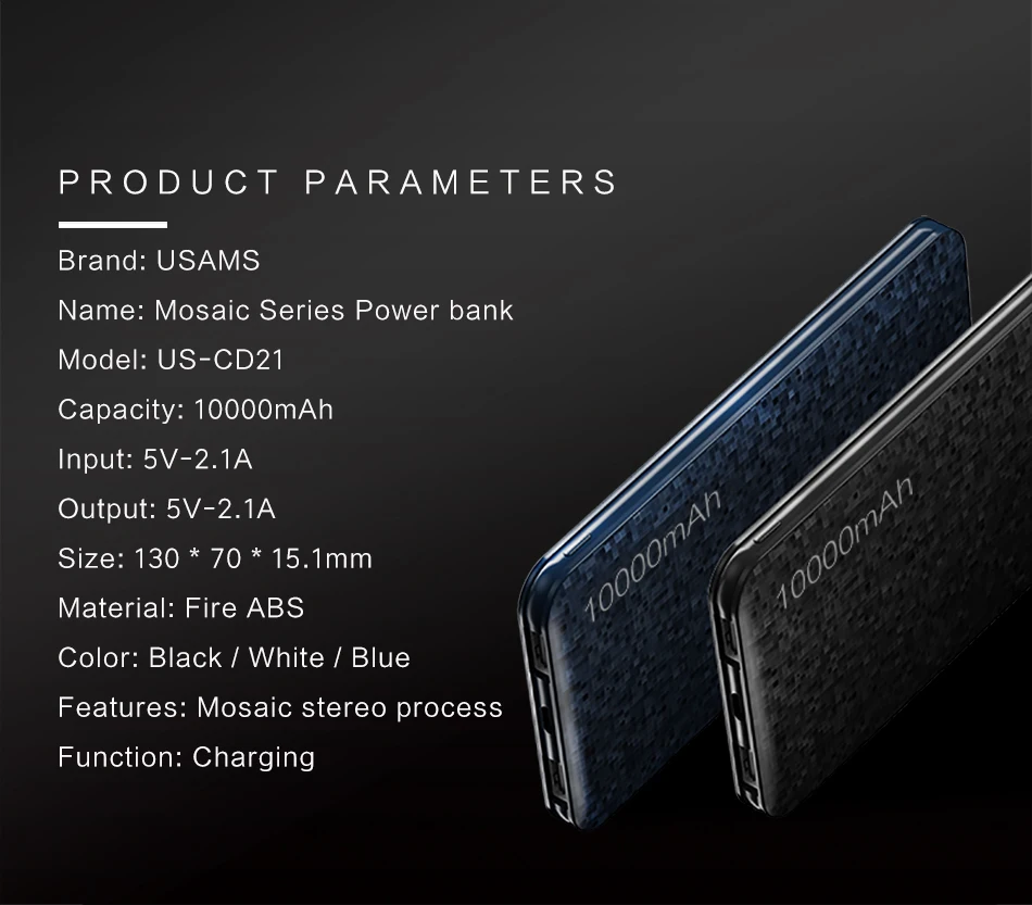 USAMS 10000 мАч Внешний аккумулятор для xiaomi Внешний аккумулятор 20000 мАч для iPhone samsung мобильный телефон 2.1A внешний аккумулятор