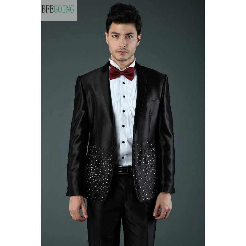 Черный классический атласный смокинг для жениха с бисером однобортный костюм +