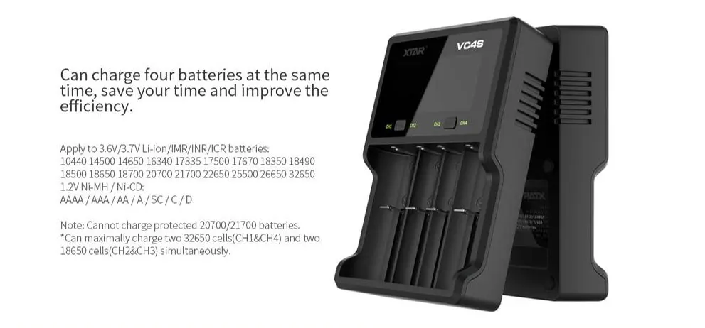 XTAR VC4S QC3.0 быстрой зарядки, Макс 3A для одинарный слот относится к 3,6/3,7 v Li-Ion IMR/INR/ICR/Батарея 18650 10440 14500 20700 21700