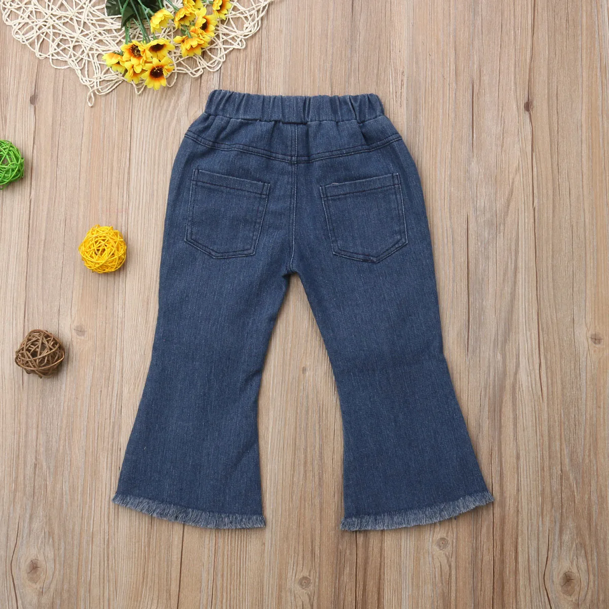 US 2-7Y Kids Baby Girls Flower Elastic Waist Bule Denim Jeans Tassels Long Pants | Детская одежда и обувь