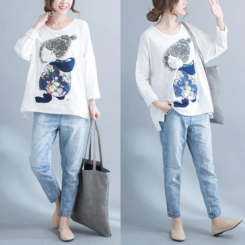 Для женщин футболка осень плюс Размеры хлопок мультфильм шаблон печати