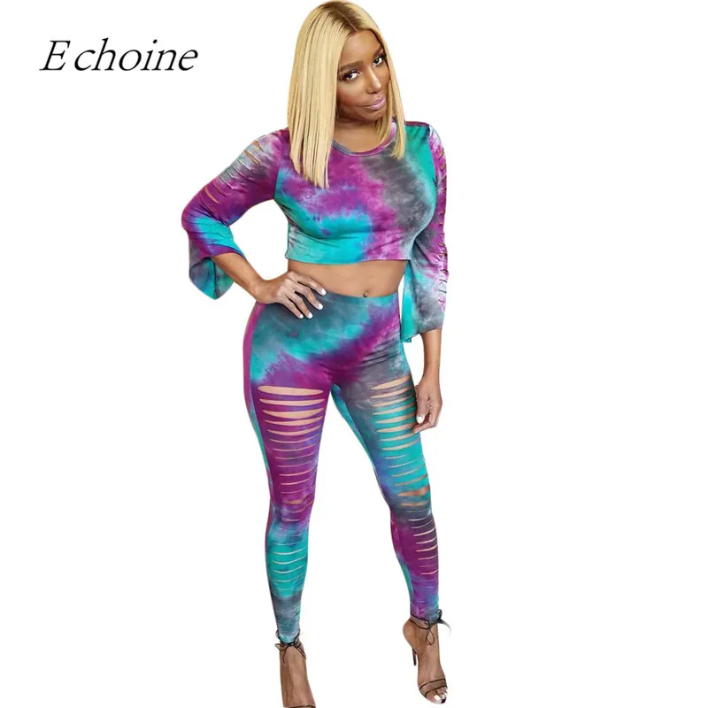 Echoine Tie Dye полый женский спортивный костюм 3/4 рукав укороченный верхний карандаш