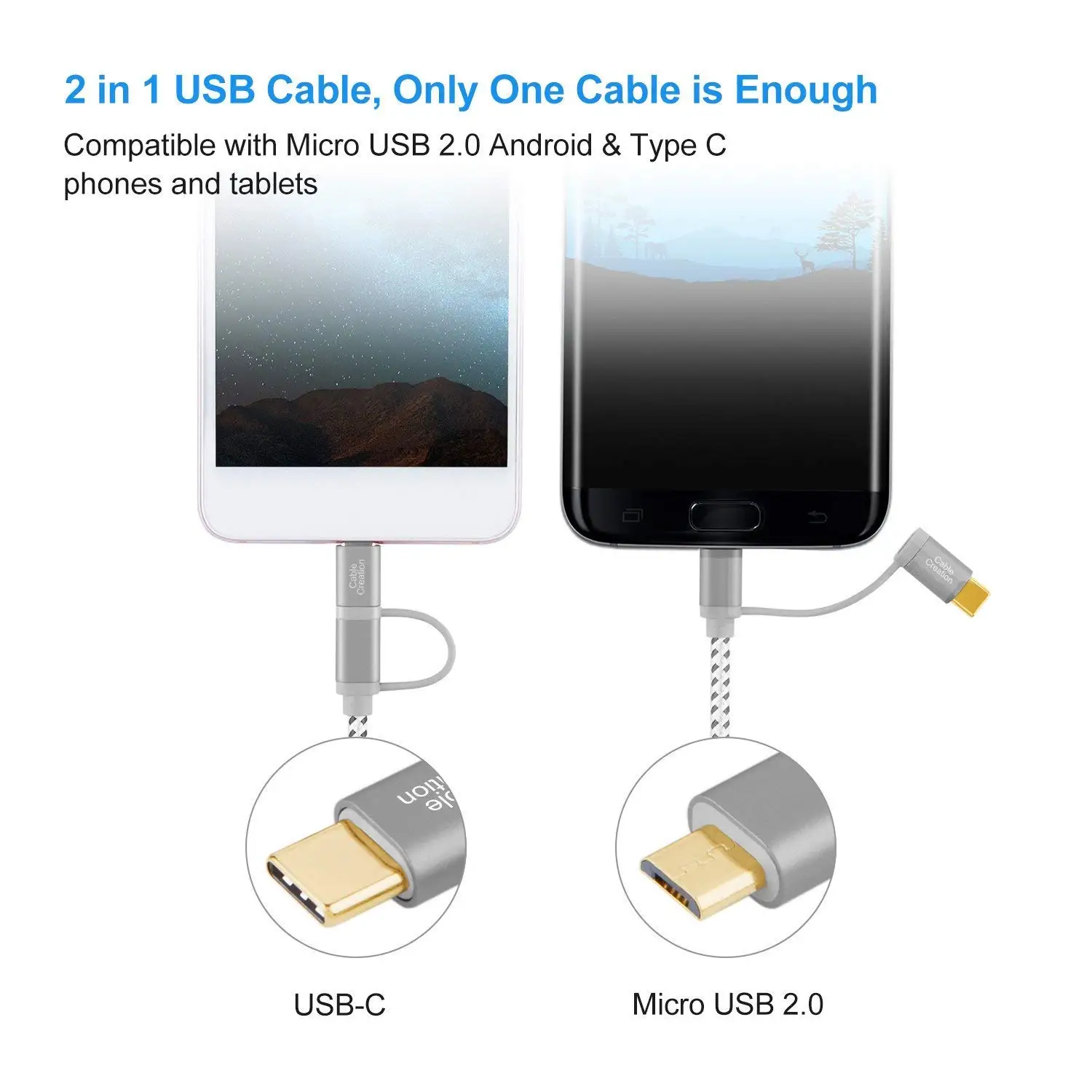 Кабель CableCreation 2 в 1 Type C OTG 480 Мбит/с USB и Micro 3A кабель для быстрой зарядки Xiaomi Samsung Galaxy