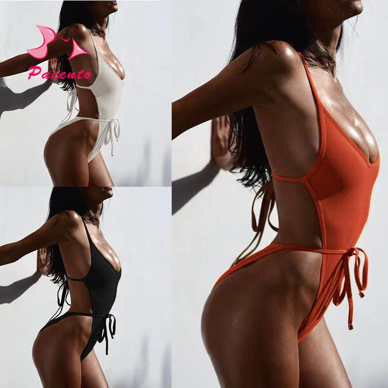 Pacent High Cut Halter One Piece Swimsuit Female Solid Bandage Swimwear Women Belt Black White Monokini Bikini Beach Wear Plavky | Спорт и