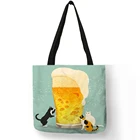 Сумка на плечо с мультяшным принтом очаровательная Кошка пиво-желтый принт ручные сумки эко-Льняная сумка для покупок для путешествий пляжная Повседневная Сумка-тоут