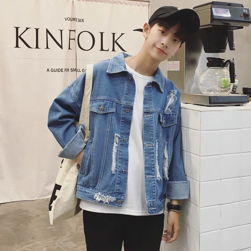 Для мужчин в Корейском стиле синие джинсы короткая куртка теплые свободные