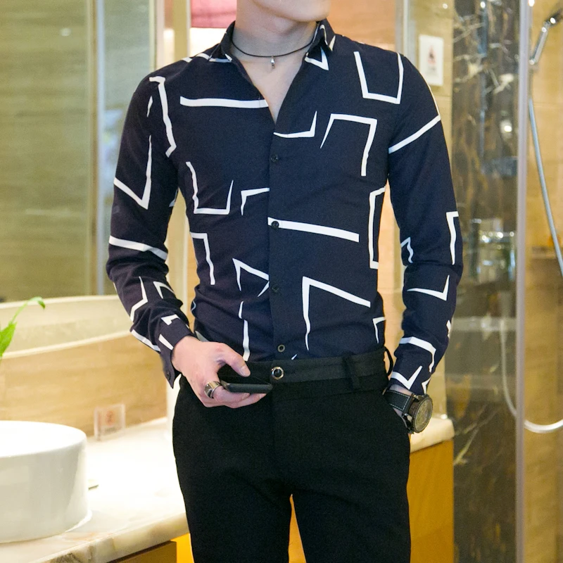2017 музыка символ Модные мужские Slim Fit Мужчины с длинным рукавом Уличная рубашка