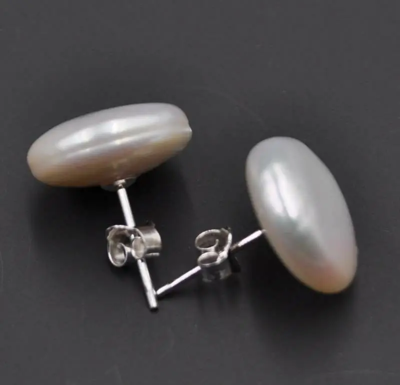 

Free shipping 13-14mm coin flat freshwater pearl studs earring s925
