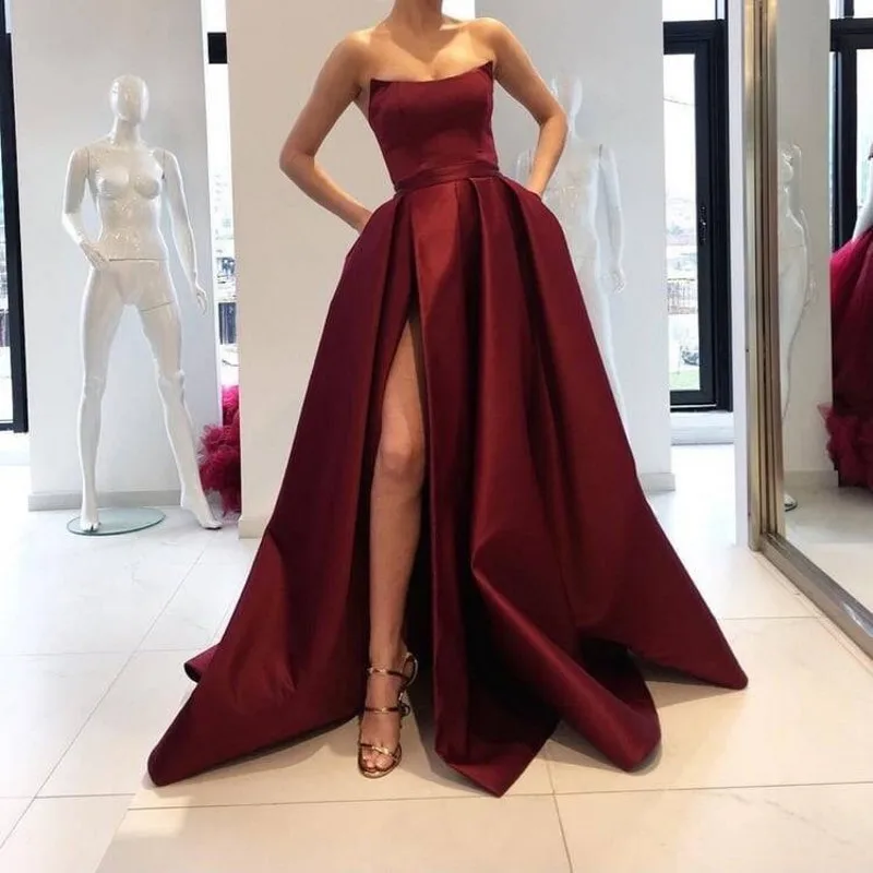 Hot Sale Burgundy Long Prom Dresses 2018 High Slit Off Shoulder Formal Dress Evening Wear with Pocket Robe de soiree gala jurken | Свадьбы и