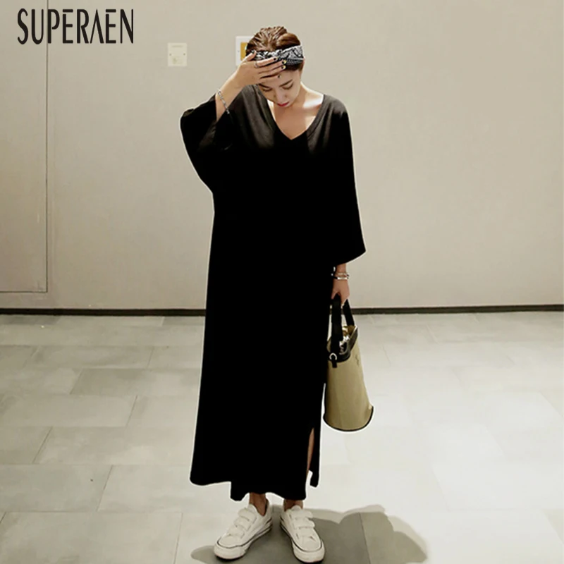 SuperAen, новинка, модное женское длинное платье, хлопок, повседневное, свободное, плюс размер, платье для женщин, сплошной цвет, весна, женская одежда