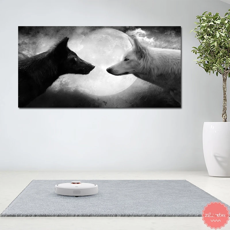 diamond painting Black and White Wolf And Moon embroidery rhinestones pictures mosaic sale decor home | Дом и сад