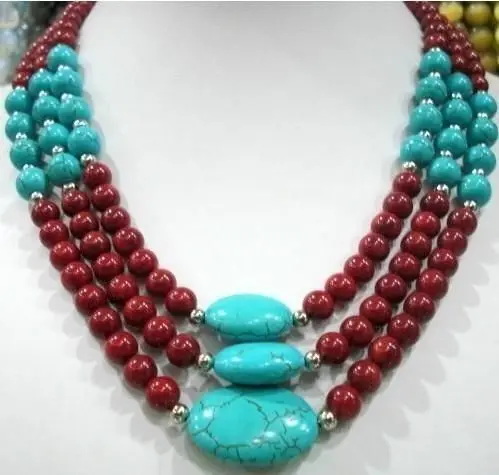 3 ряда имитация Красного жемчуга и индейки камень ожерелье 17-19 &quotженские подарки