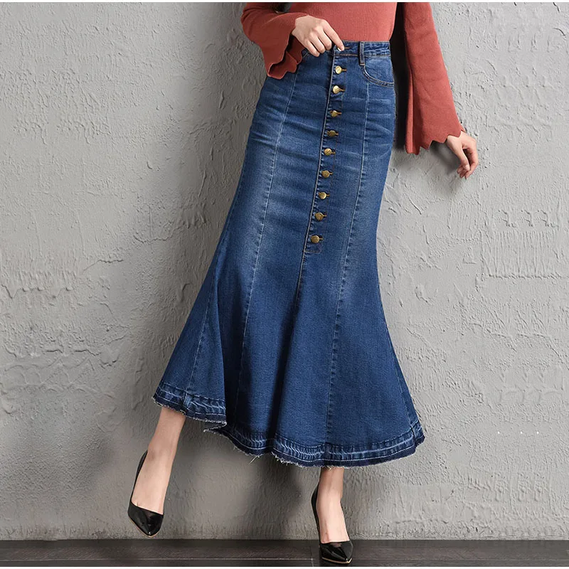 

Women Fashion Flared Denim Fishtail Skirts Lady'S Bodycon Ankle Length Single-Breasted Button Long Mermaid Jeans Skirt Plus Size