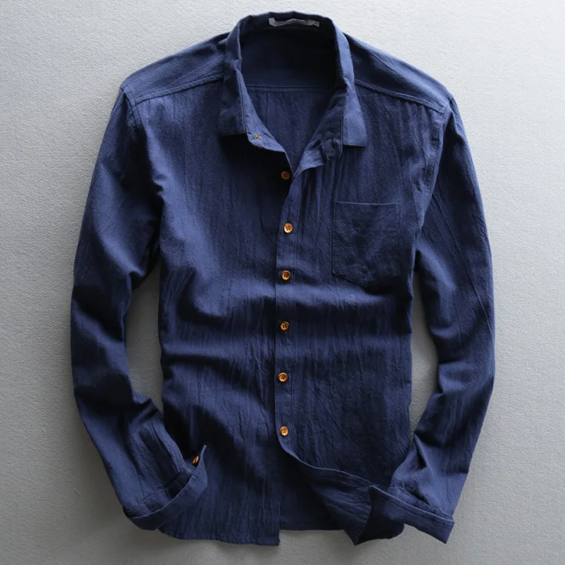 Мужские рубашки льняные с длинными рукавами тонкие повседневные хлопковые для