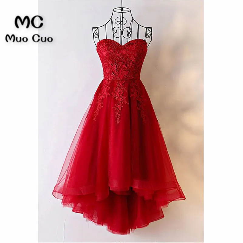 

2018 Elegant Burgundy Prom dresses Long Hi Lo Gown Appliques Lace Tulle dress for Graduation Formal Evening Prom Dress