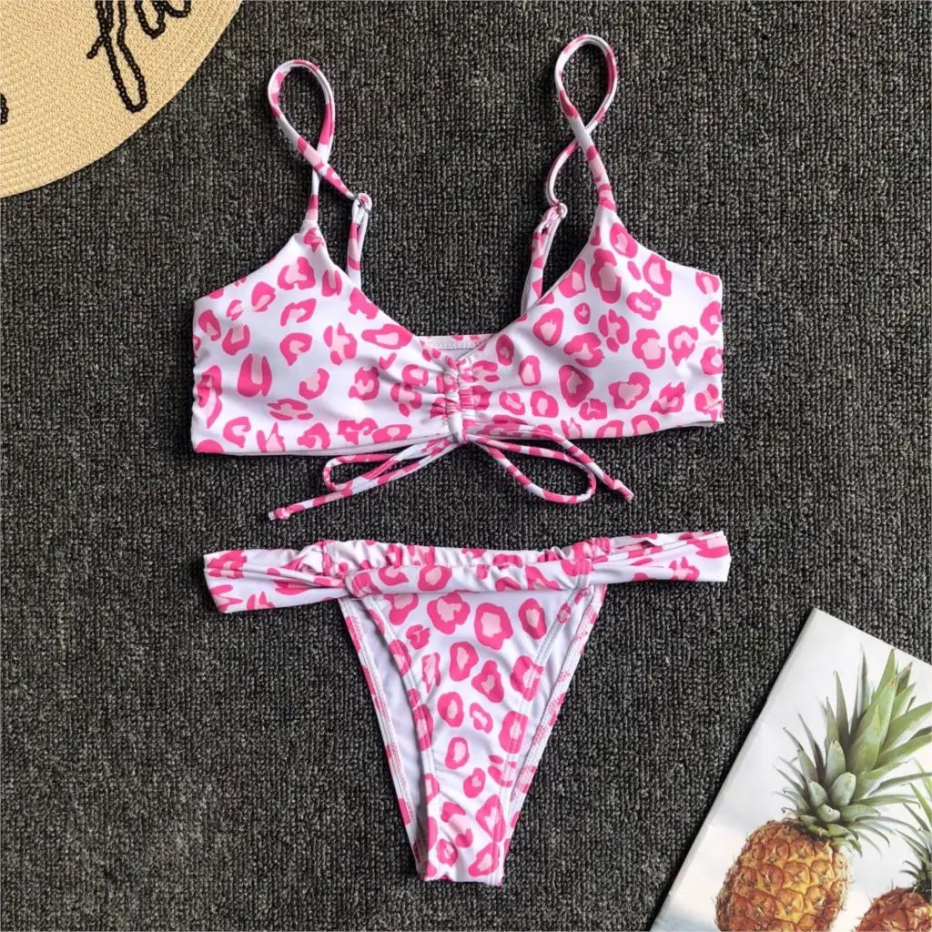 Bikini 2019 Maillot De Bain Women's Split Swimwear Personality Drawstring Pink Leopard Print Swimsuit |