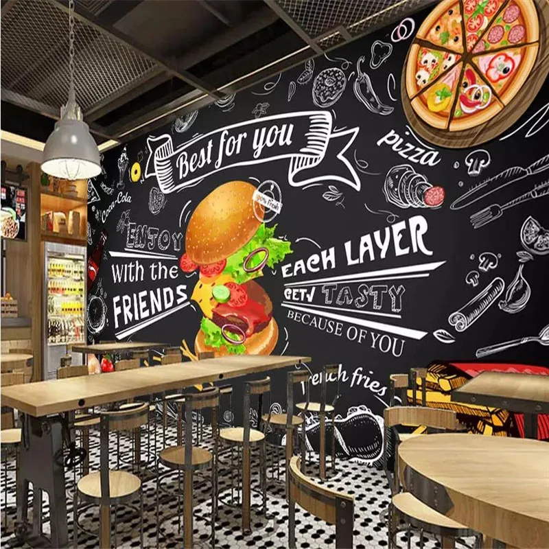 

Custom Mural Wallpaper Hand Drawn Burger Fast Food Bar Background Wall Painting